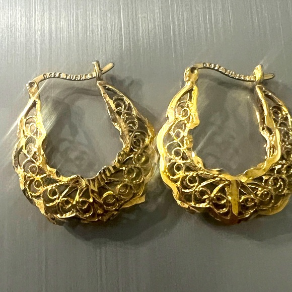 Vintage Gold Vermeil 925 Sterling Silver Filigree Hoop Earrings Turkish D925 - Picture 1 of 16